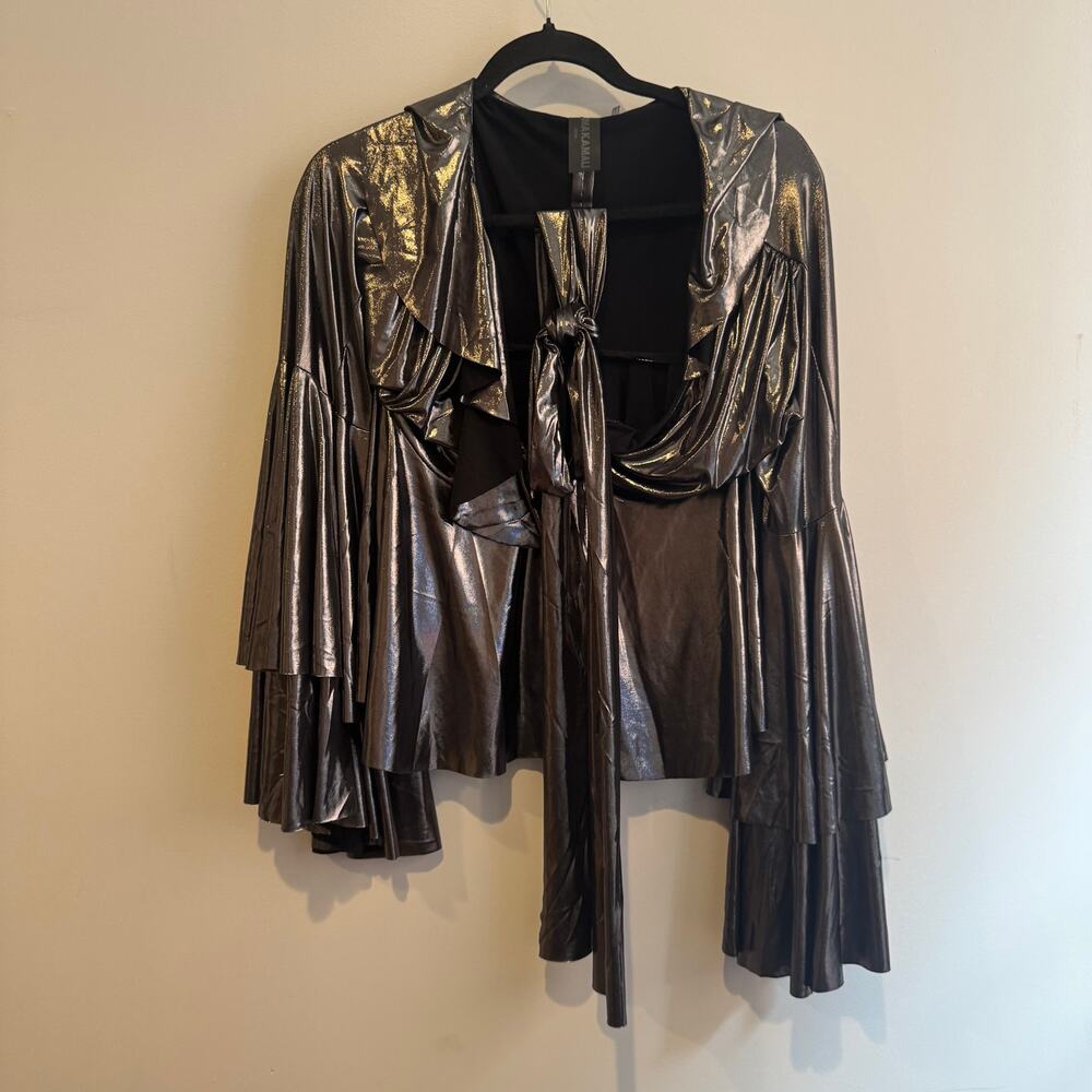 Norma Kamali Ruffled Metallic Wrap Top Gray V-Neck Layered Bell Sleeve Sz XS